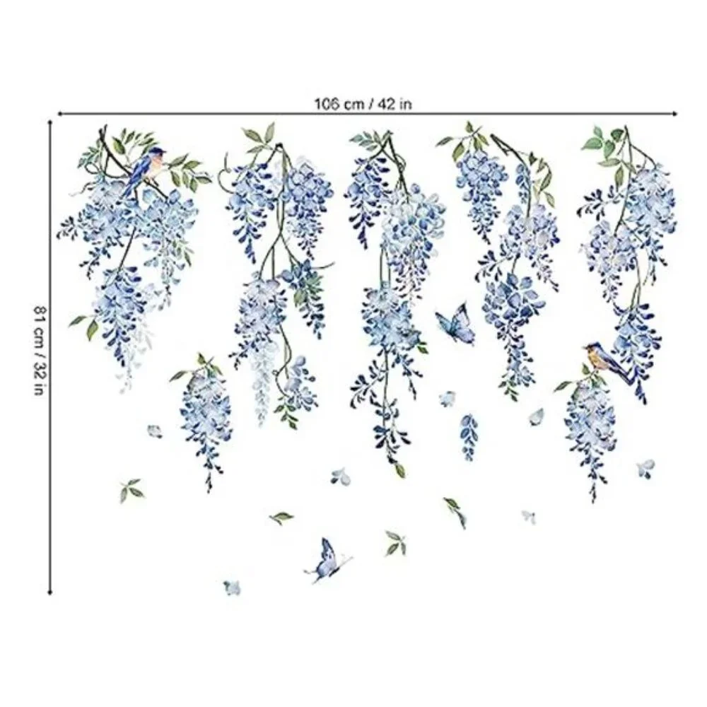 Blue Wisteria Wall Decal Hanging Flower Vine Stickers Bedroom Living Room Decor